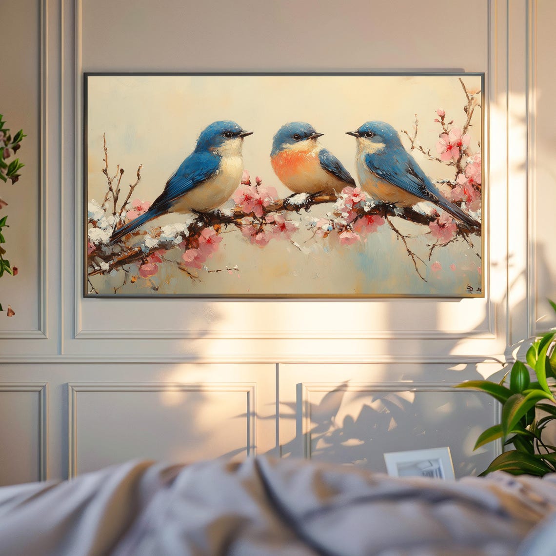 Bluebird Family On Cherry Blossom Branch Soft Cream Backdrop Poster - Image 4