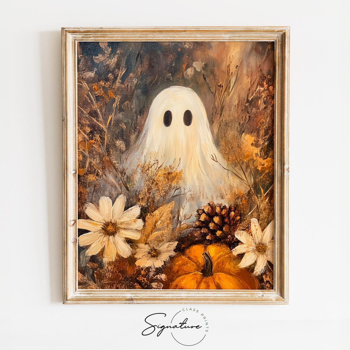 Ghost in a Rustic Pumpkin Patch with White Daisies at Night Poster