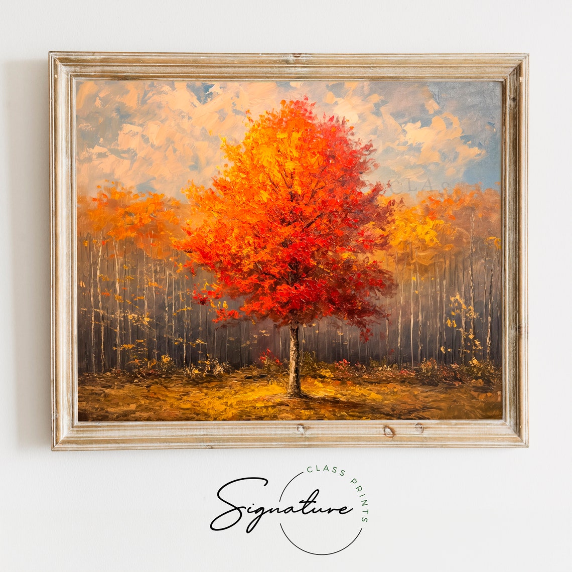 Red Autumn Tree Forest Painting Warm Fall Foliage Nature Wall Poster