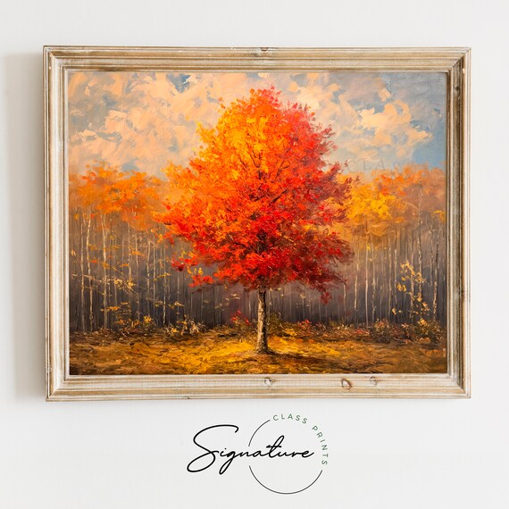 Red Autumn Tree Forest Painting Warm Fall Foliage Nature Wall Poster