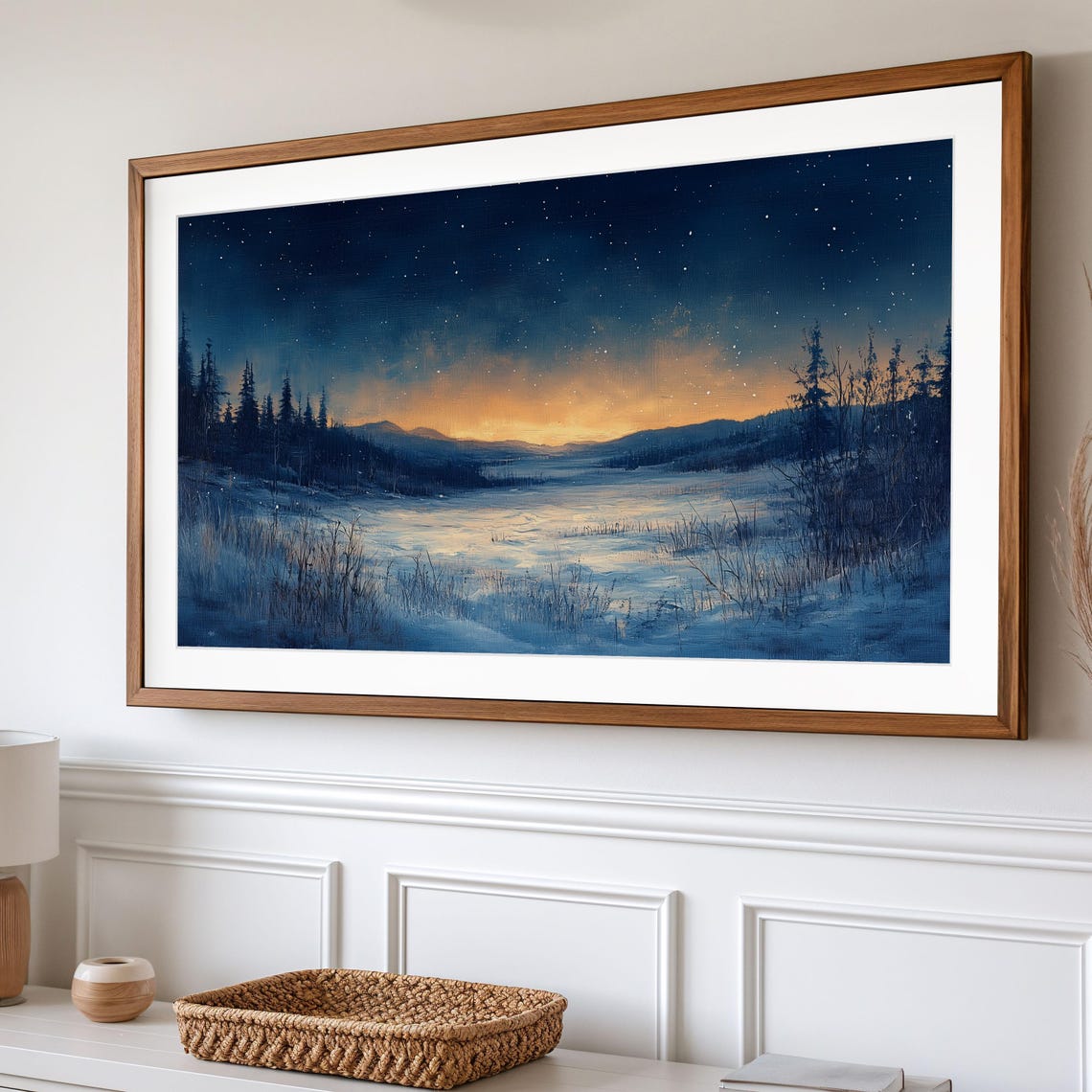 Snowy Winter Night Starry Sky Frozen Lake Moody Blue Landscape Poster - Image 2