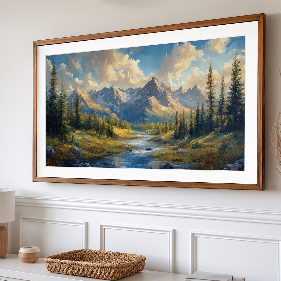 Alpine Mountain River Winding Through Pine Forest Frame TV Wall Art - Image 2