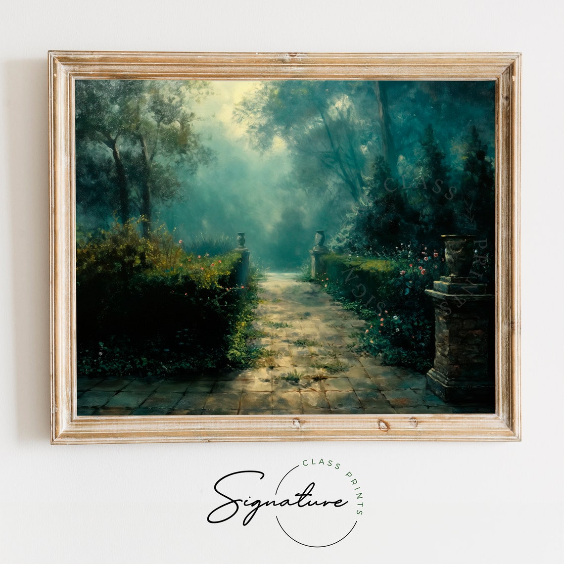 Moody Garden Path with Stone Urns Dark Atmospheric Night Poster