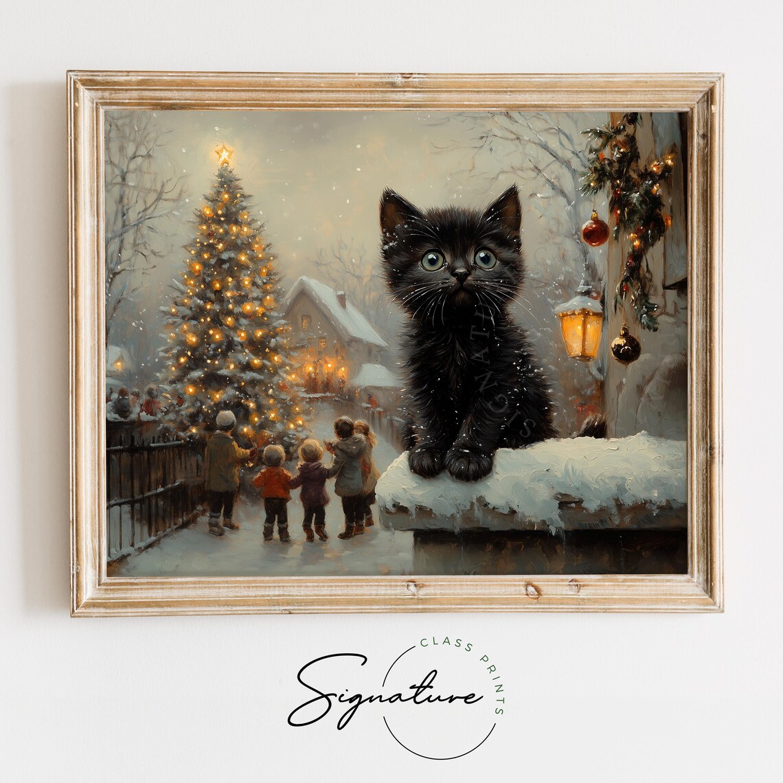 Black Kitten on a Snowy Porch Railing With Christmas Garland Poster