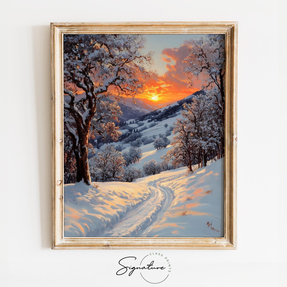 Snowy Mountain Valley Warm Sunset Glow Winter Landscape Poster