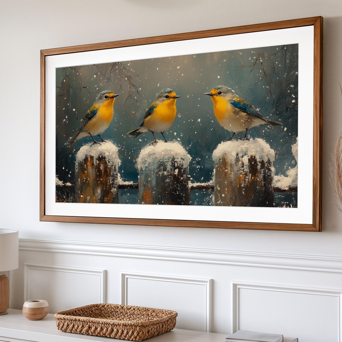Colorful Songbirds On Snowy Fence Posts In Falling Snow Poster - Image 2