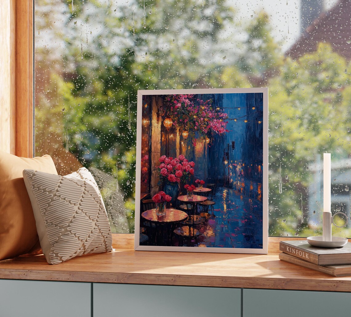 Rainy Night Cafe Patio Scene Art Print, Rustic Charm - Image 3