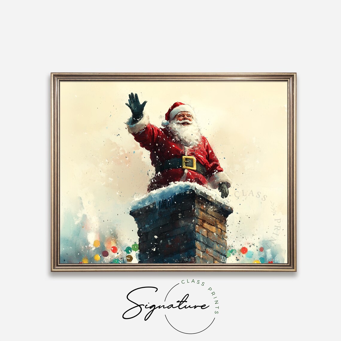 Santa Claus Waving From Snowy Chimney Top Watercolor Scene Poster - Image 4