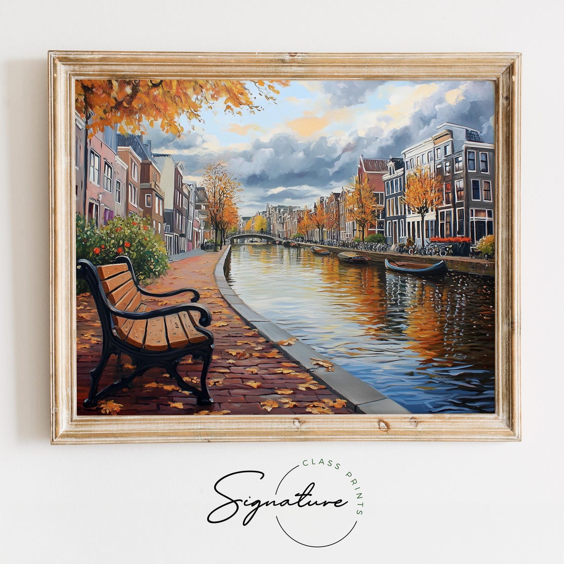 Amsterdam Autumn Canal Bench Golden Trees Fall Waterside Street Poster