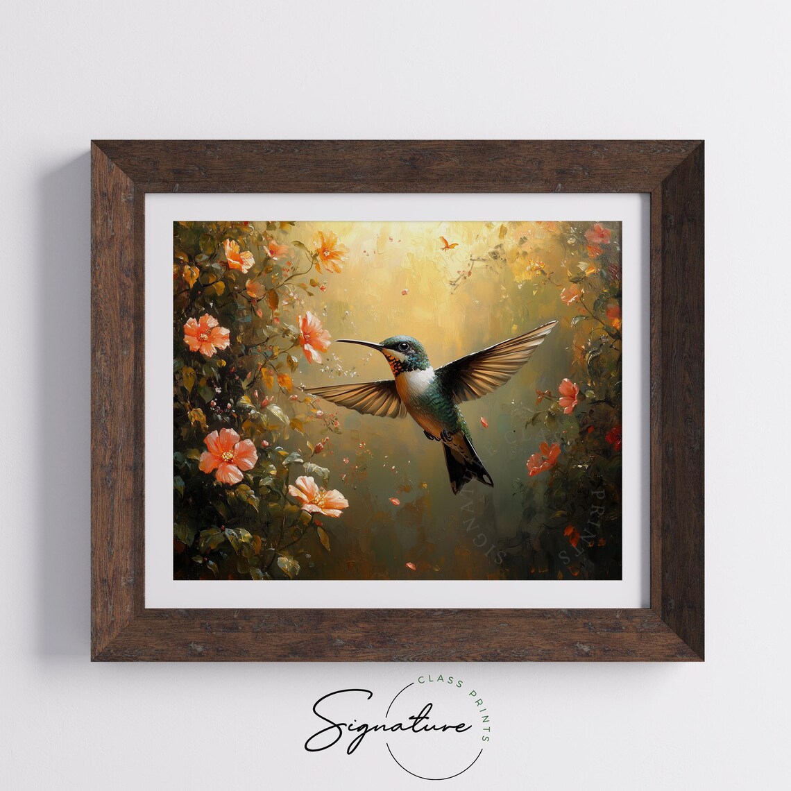 Vibrant Hummingbird Amid Blooming Garden Golden Bird Wall Art - Image 3