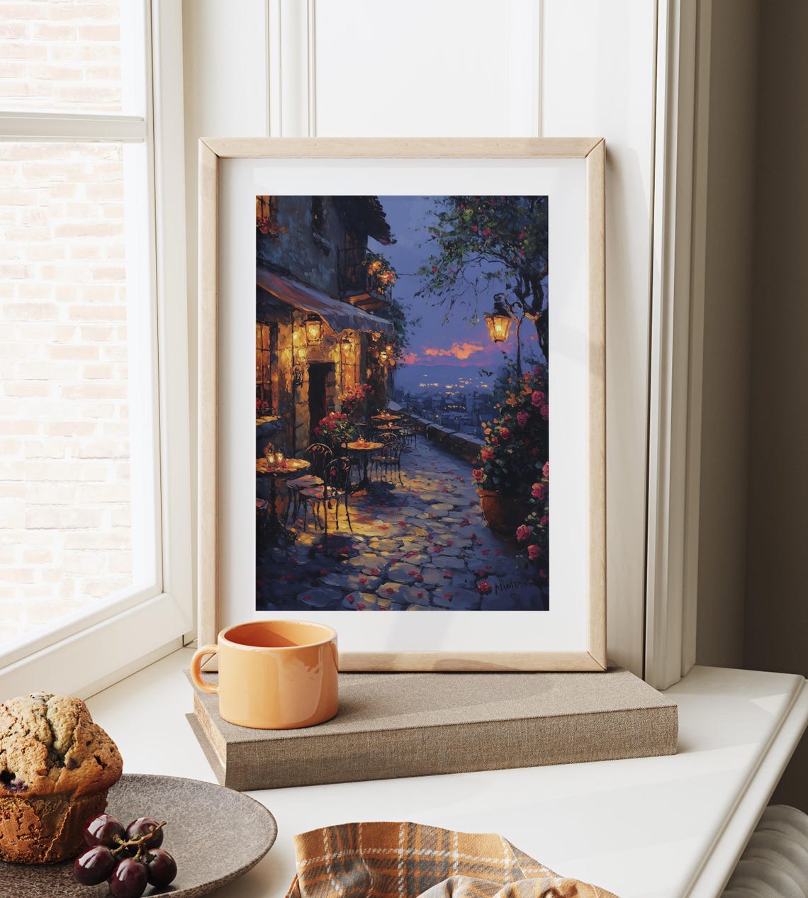 Romantic Cafe Terrace at Dusk Roses String Lights Night Poster - Image 4