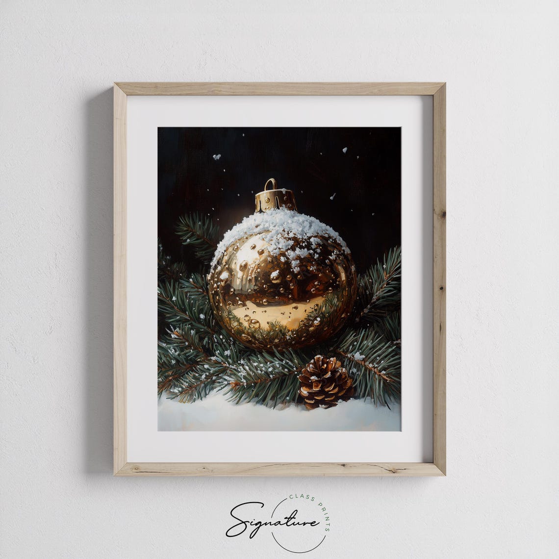 Snow Dusted Gold Ornament On Pine Boughs Vintage Holiday Poster - Image 3