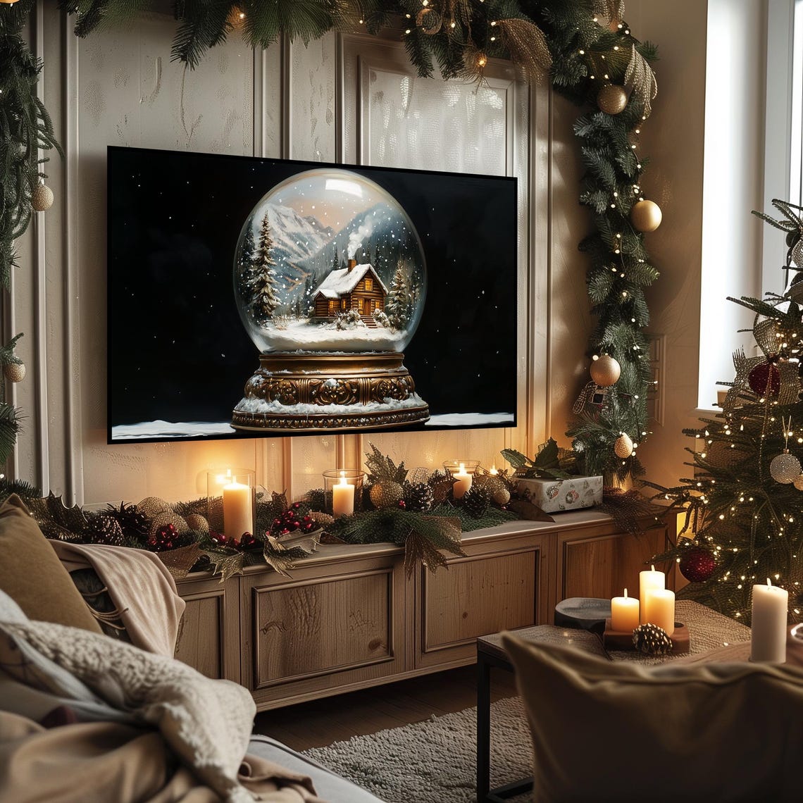 Snow Globe With Log Cabin Snowy Mountains Gold Base Still Life Poster - Image 3