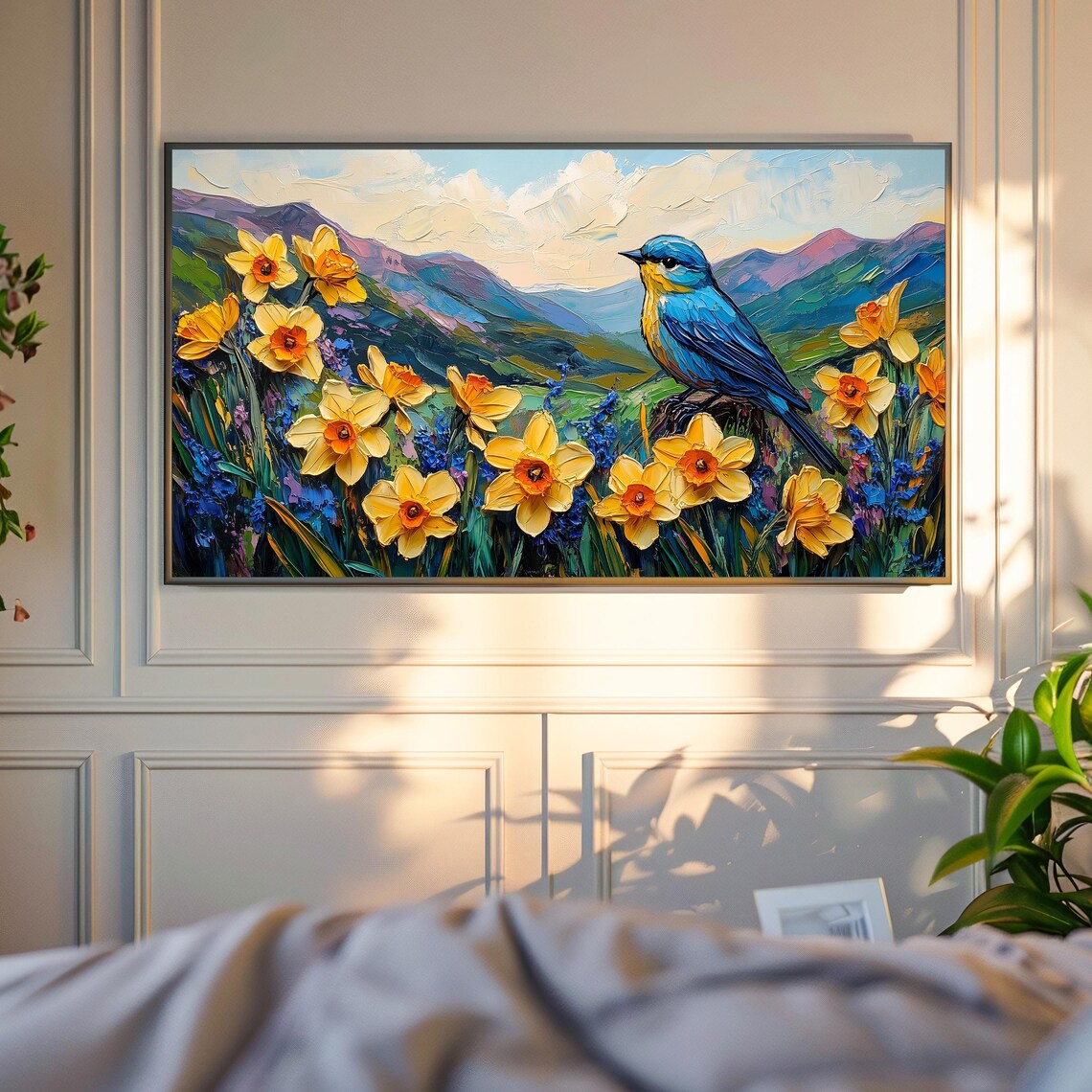 Bluebird Among Yellow Daffodils In Mountain Valley Art Poster - Image 4