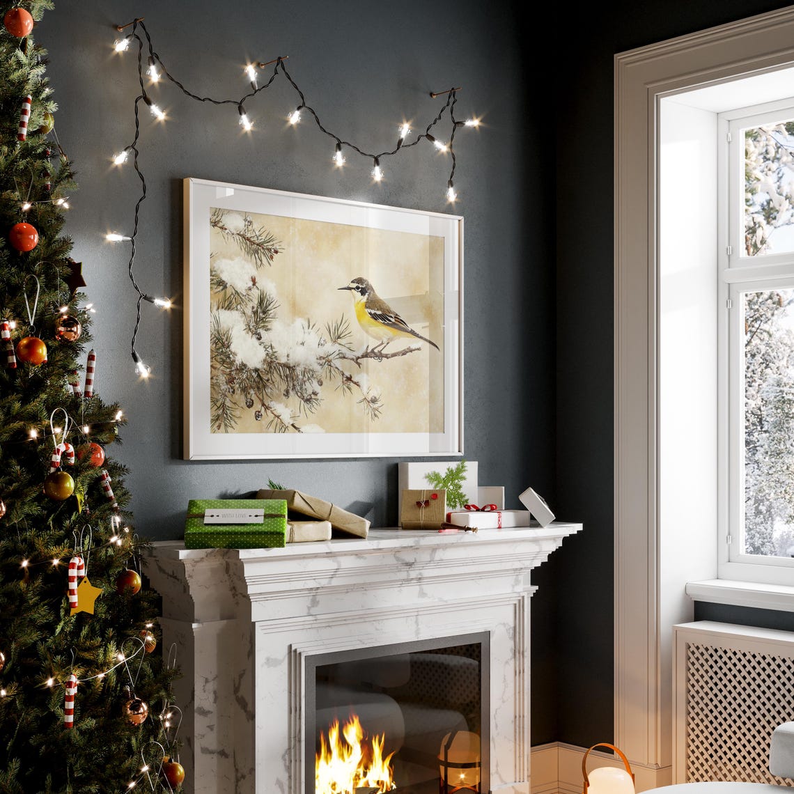 Yellow Wagtail on Snow Dusted Juniper Branch Winter Bird Poster - Image 2