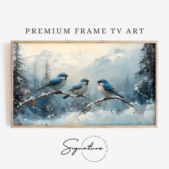 Bluebirds On Snowy Branch Winter Mountain Landscape Scene Poster