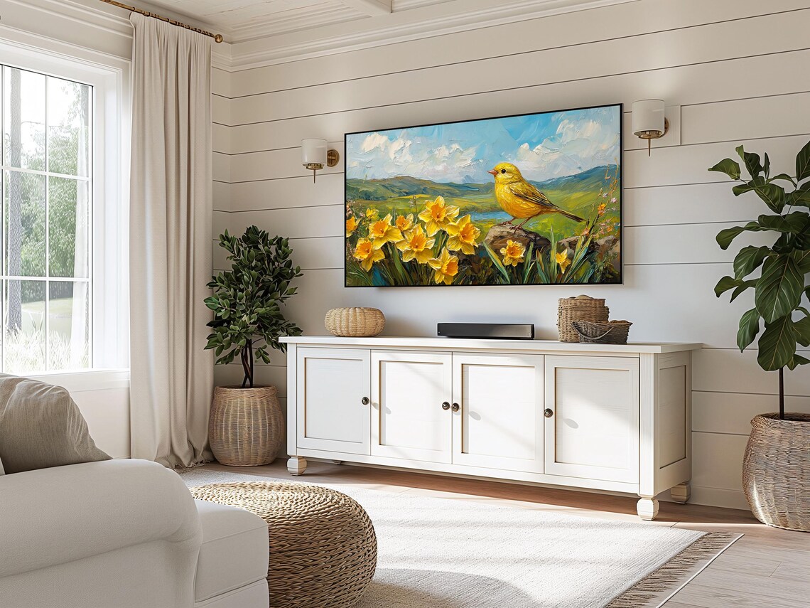 Yellow Finch Among Bright Daffodils Rolling Green Hills Poster - Image 3