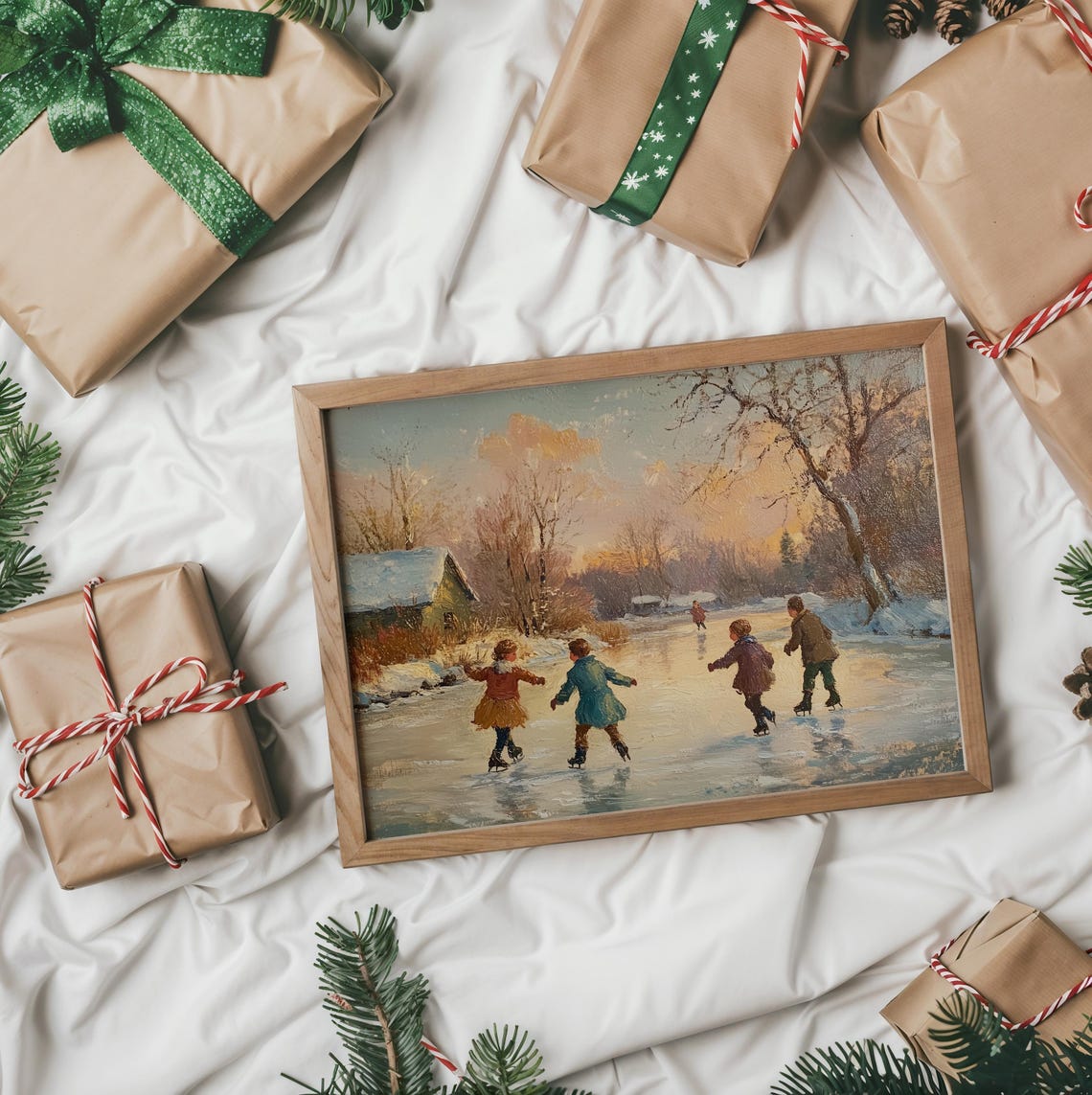 Four Children Skating On A Frozen Pond At Sunset In Winter Poster - Image 2