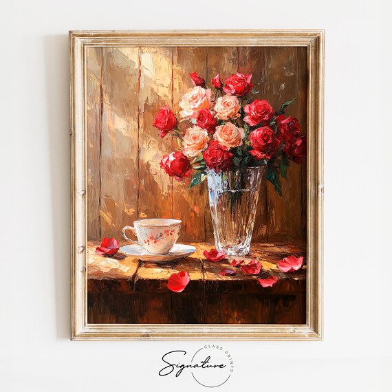 Close Up Of Roses With Teacup Romantic Valentines Day Art Moody Cottagecore Floral Decor Rustic Painting Wall Art 3559