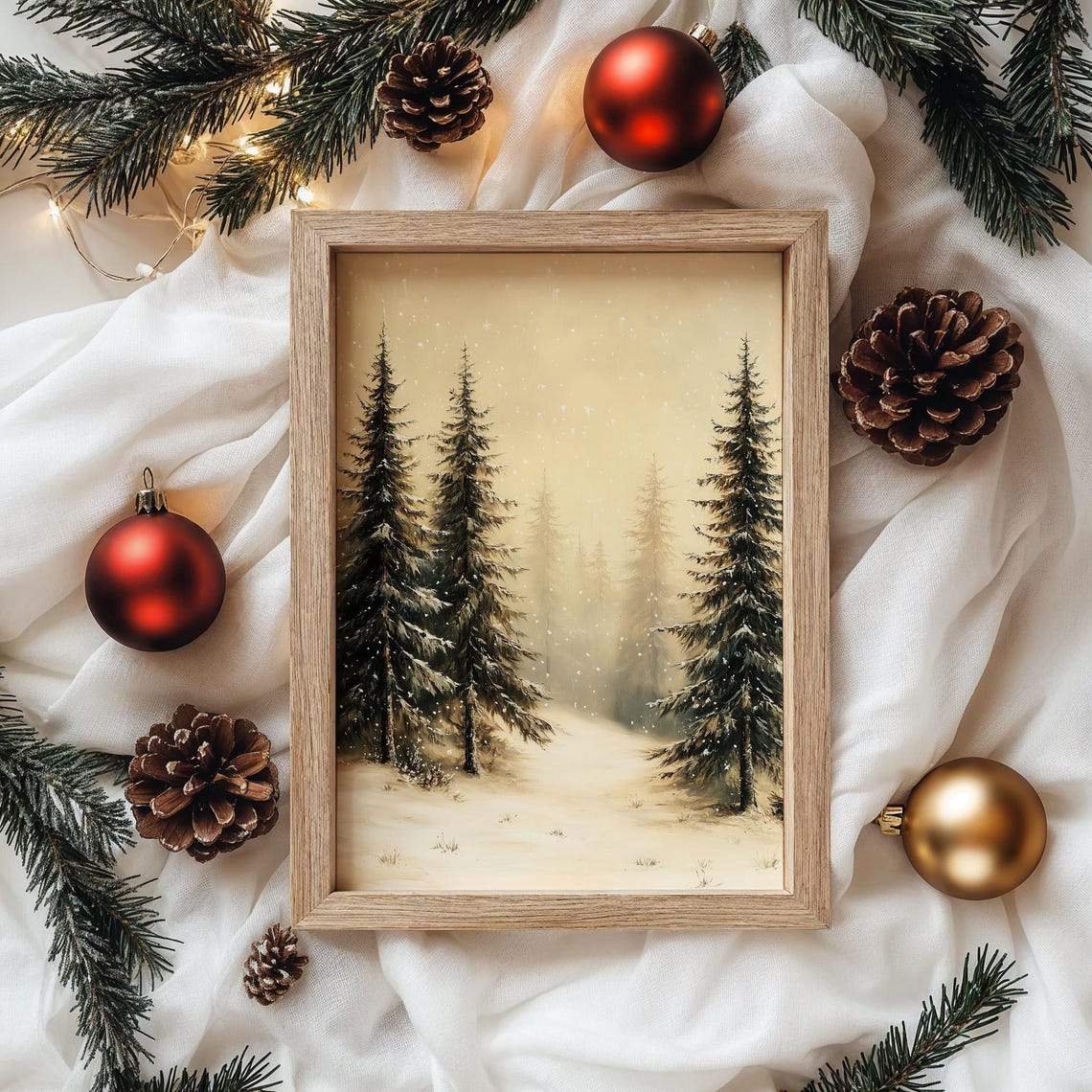 Frosted Pines in Falling Snow Golden Sepia Winter Forest Poster - Image 5
