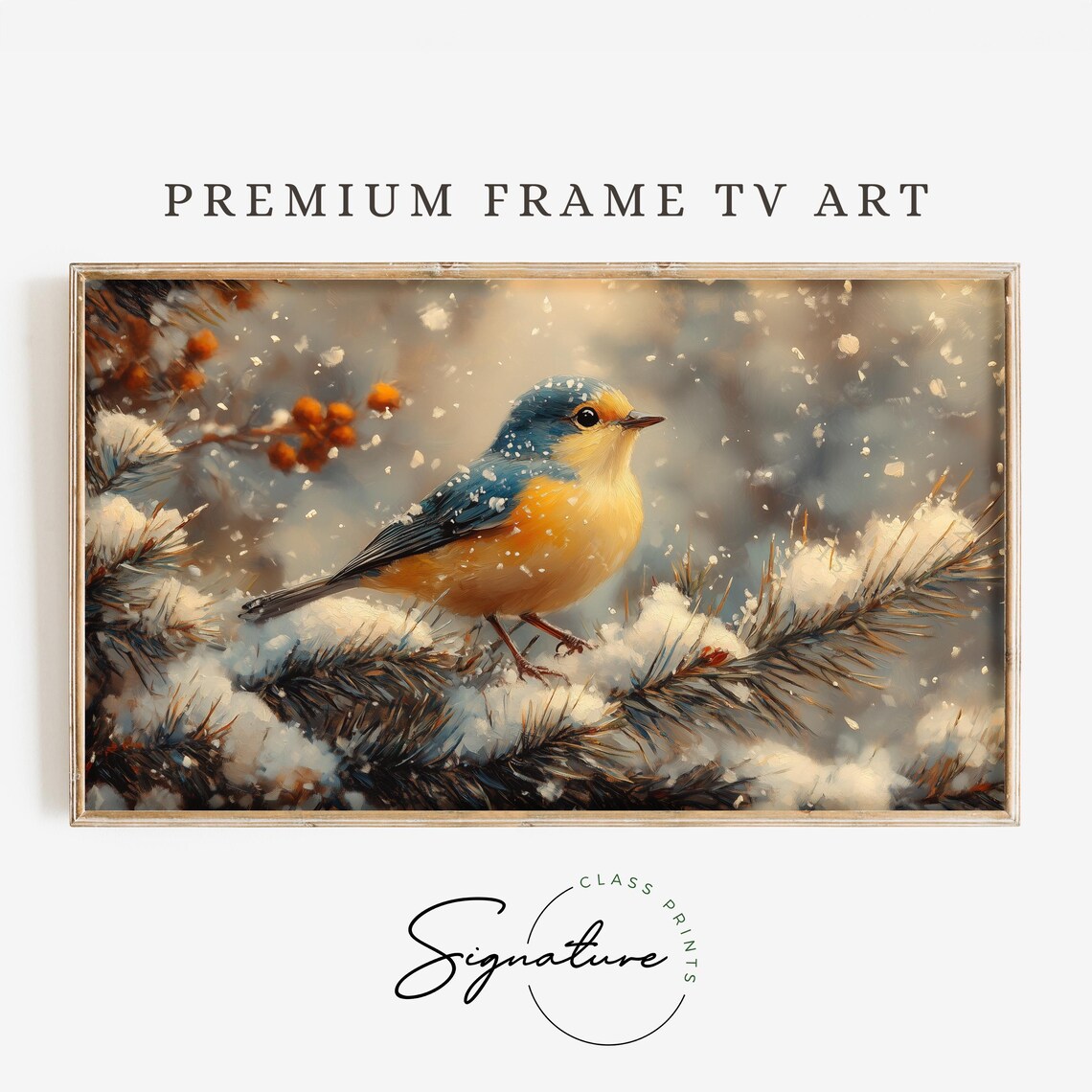 Goldfinches In Snowy Winter Scene Art Print
