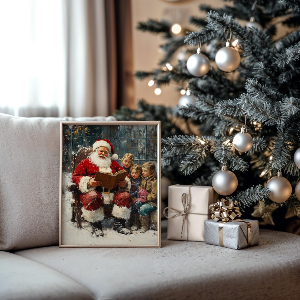 Santa Claus Reading Stories to Children Snowy Christmas Print - Image 5