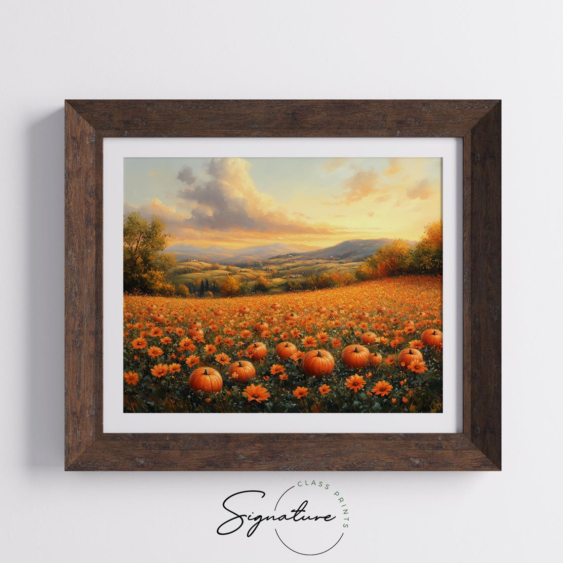 Pumpkin Patch Glowing at Sunset Over Rolling Autumn Hills Poster - Image 5