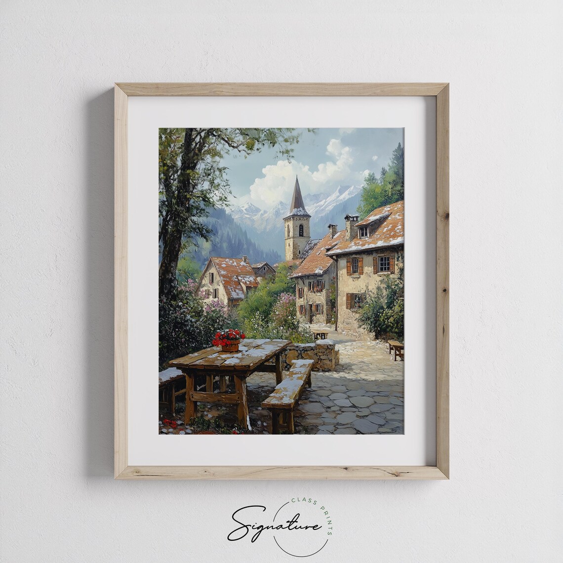 Sunny Alpine Village Church Spire Stone Cottages Summer Poster - Image 2