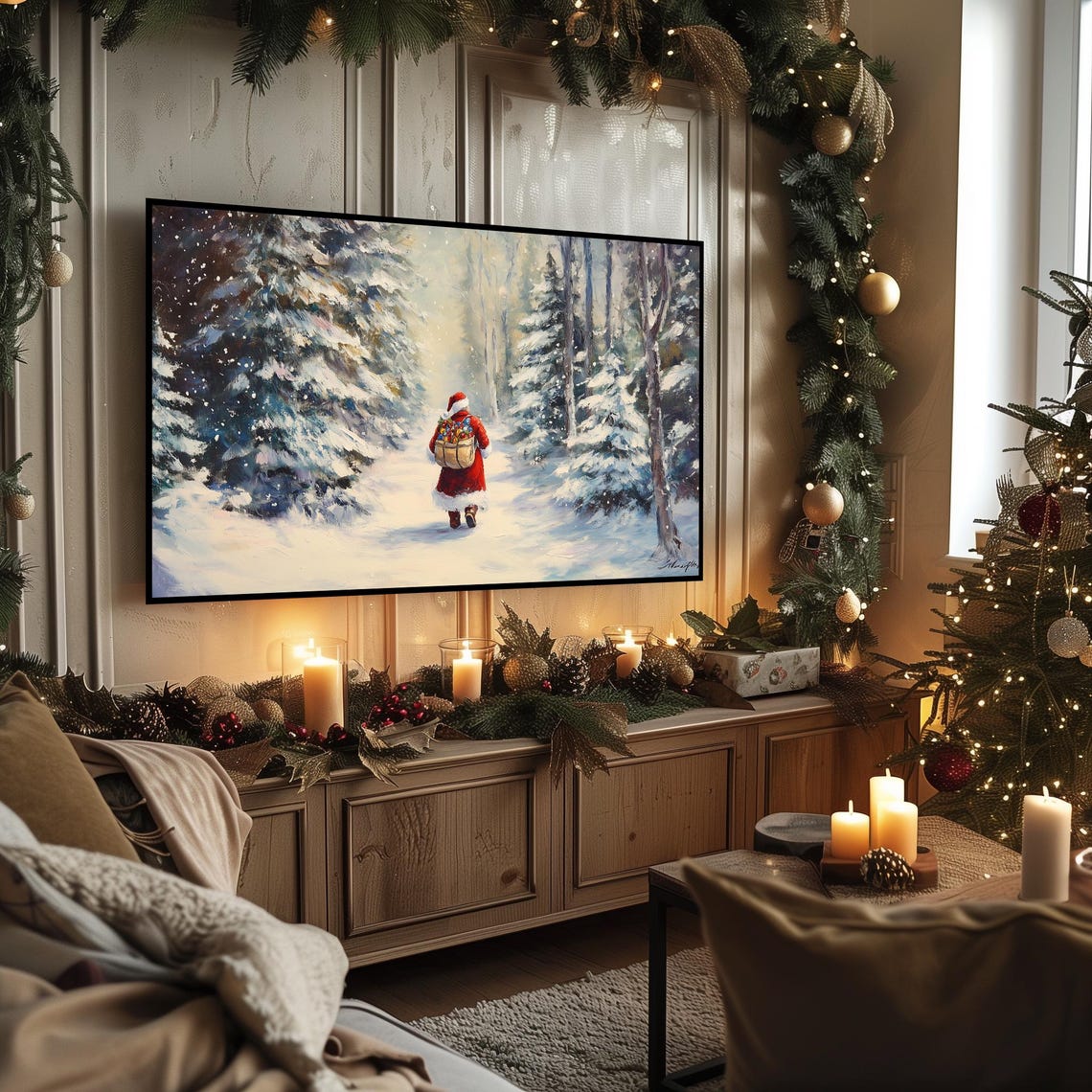 Santa Walking Through Snowy Forest With Gift Sack Winter Scene Poster - Image 3