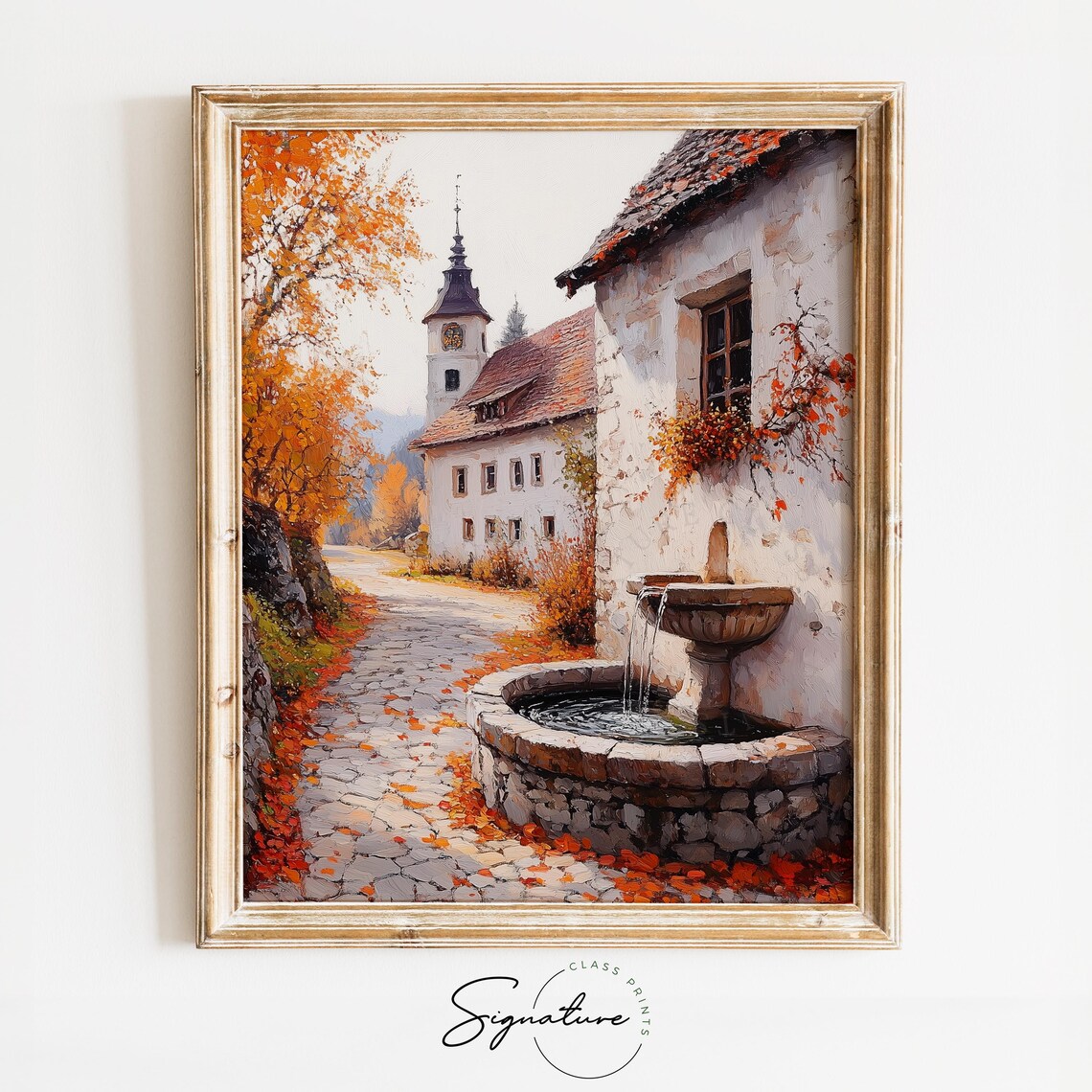 Old European Street With Stone Fountain and Clock Tower in Autumn Wall Art