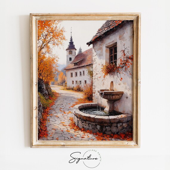 Old European Street With Stone Fountain and Clock Tower in Autumn Wall Art