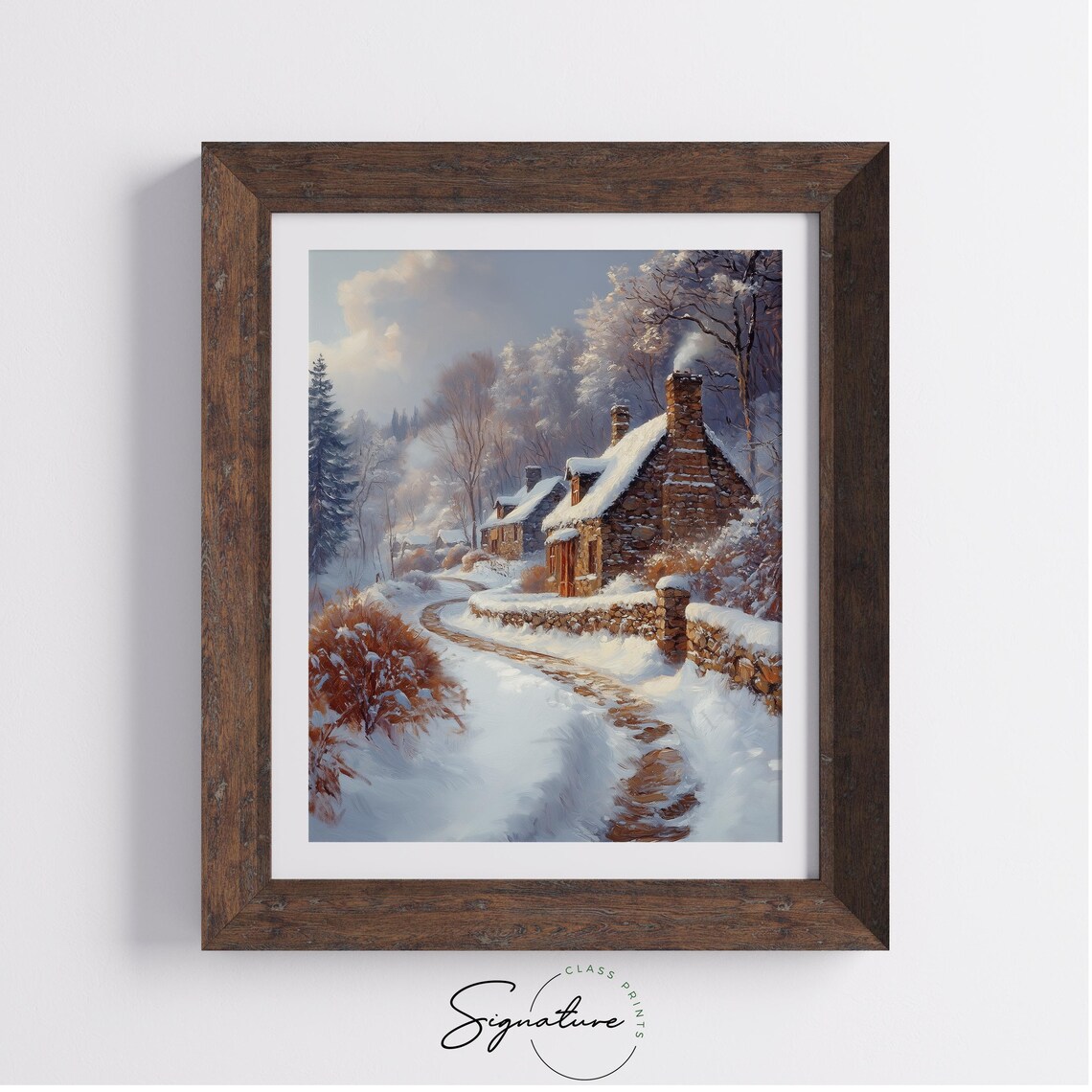 Snowy Stone Cottages Along a Winding Lane Golden Hour Poster - Image 3