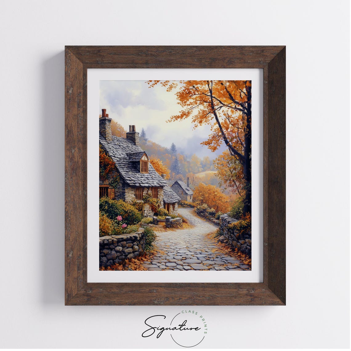 Ivy Covered Stone Cottage On A Quiet Autumn Cobblestone Lane Poster - Image 4