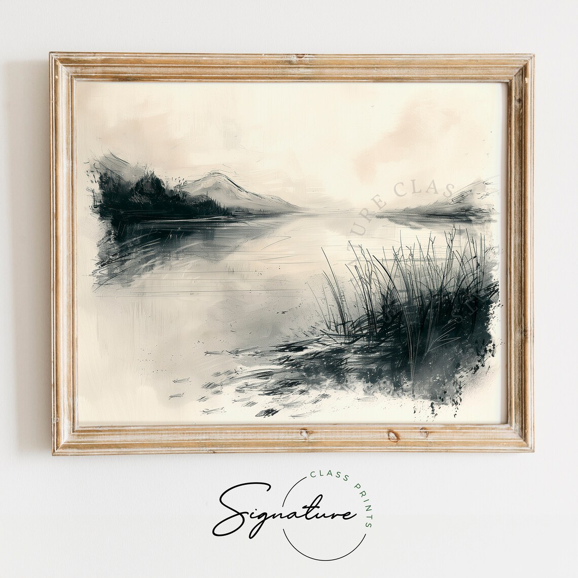 Quiet Serene Misty Lake With Reeds Ink Wash Landscape Poster Art