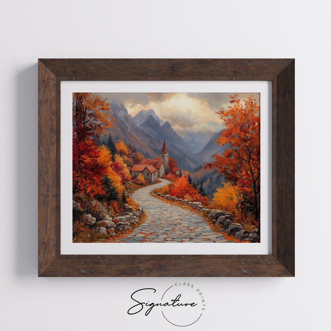 Alpine Village Chapel on Winding Cobblestone Road in Autumn Splendor Wall Art - Image 5