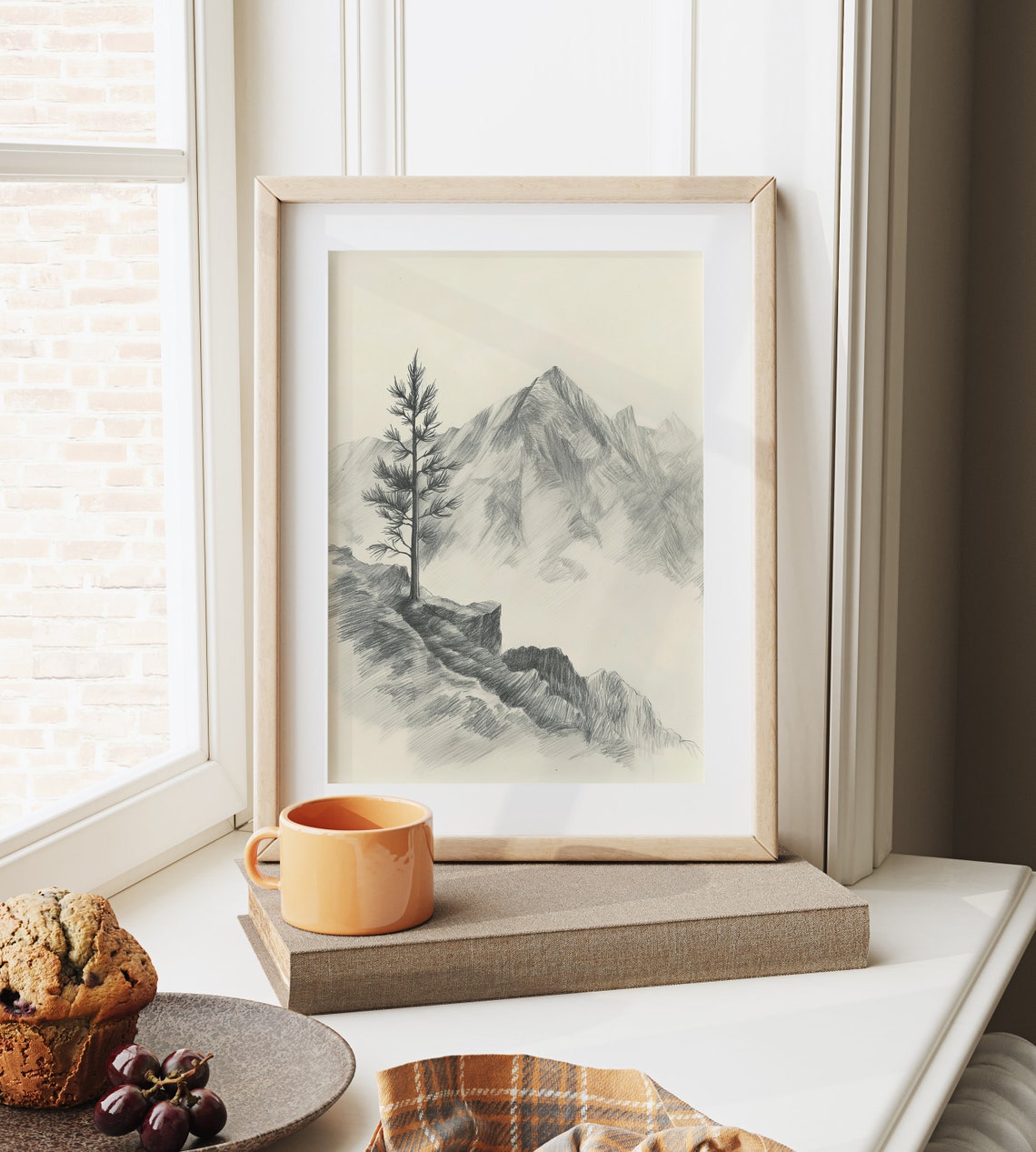 Lone Pine Tree On Rocky Mountain Vista Monochrome Pencil Poster - Image 6