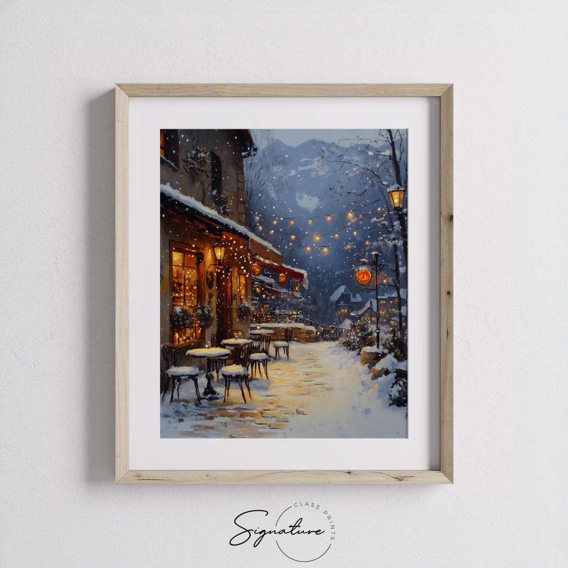 Cobblestone Village Square In Winter With Cafe Lights Poster - Image 2