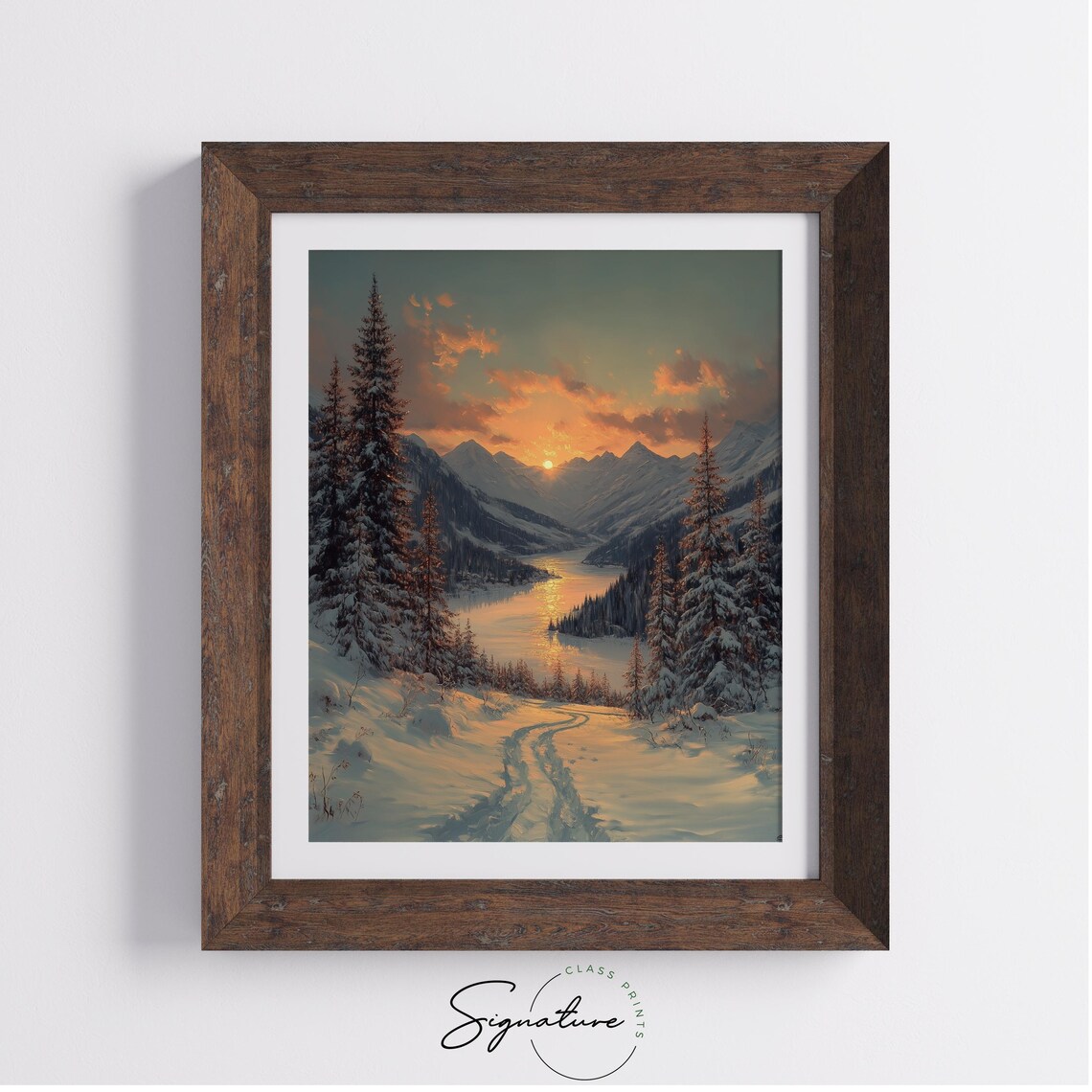 Golden Sunset Over Frozen Mountain Lake Snowy Landscape Poster - Image 2