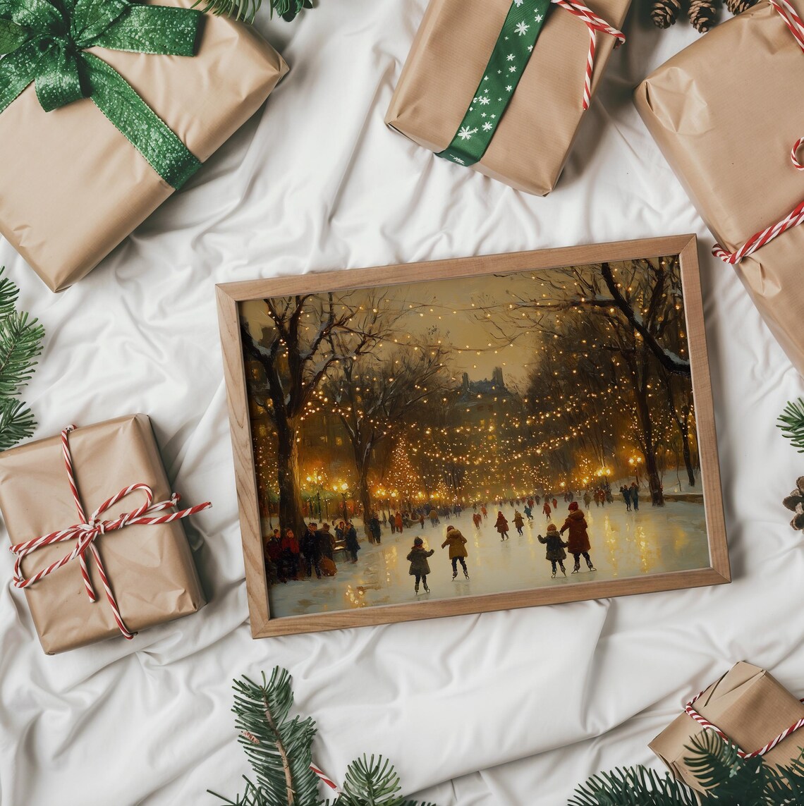 Children Skating On A Frozen Rink At Dusk Beneath Warm Lights Poster - Image 2