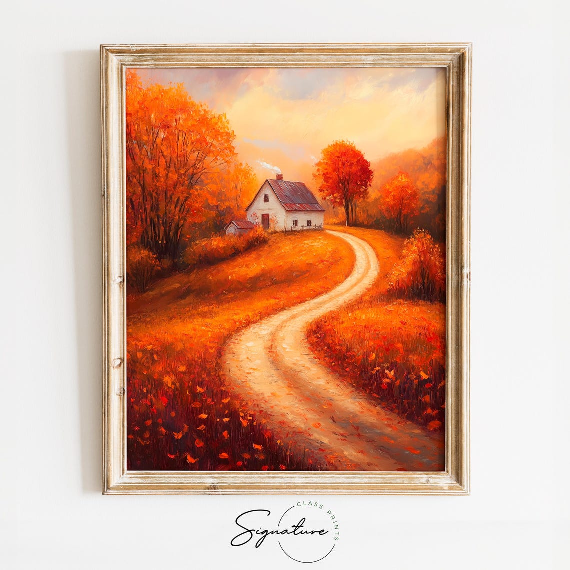 White Farmhouse at End of Winding Road in Fiery Autumn Poster