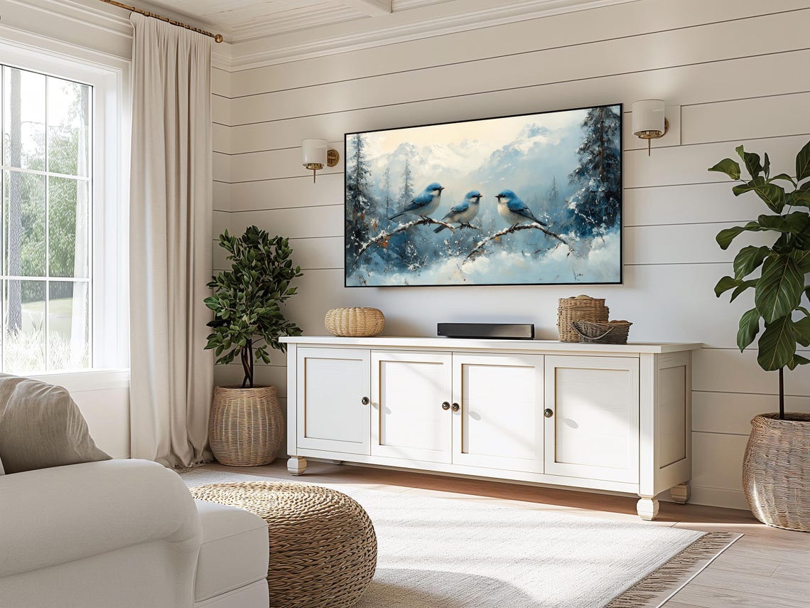 Bluebirds On Snowy Branch Winter Mountain Landscape Scene Poster - Image 3