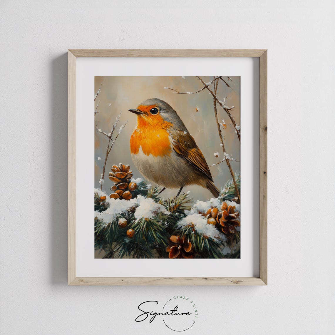 Robin on Snowy Pine Branch with Pinecones Winter Oil Painting Print - Image 2