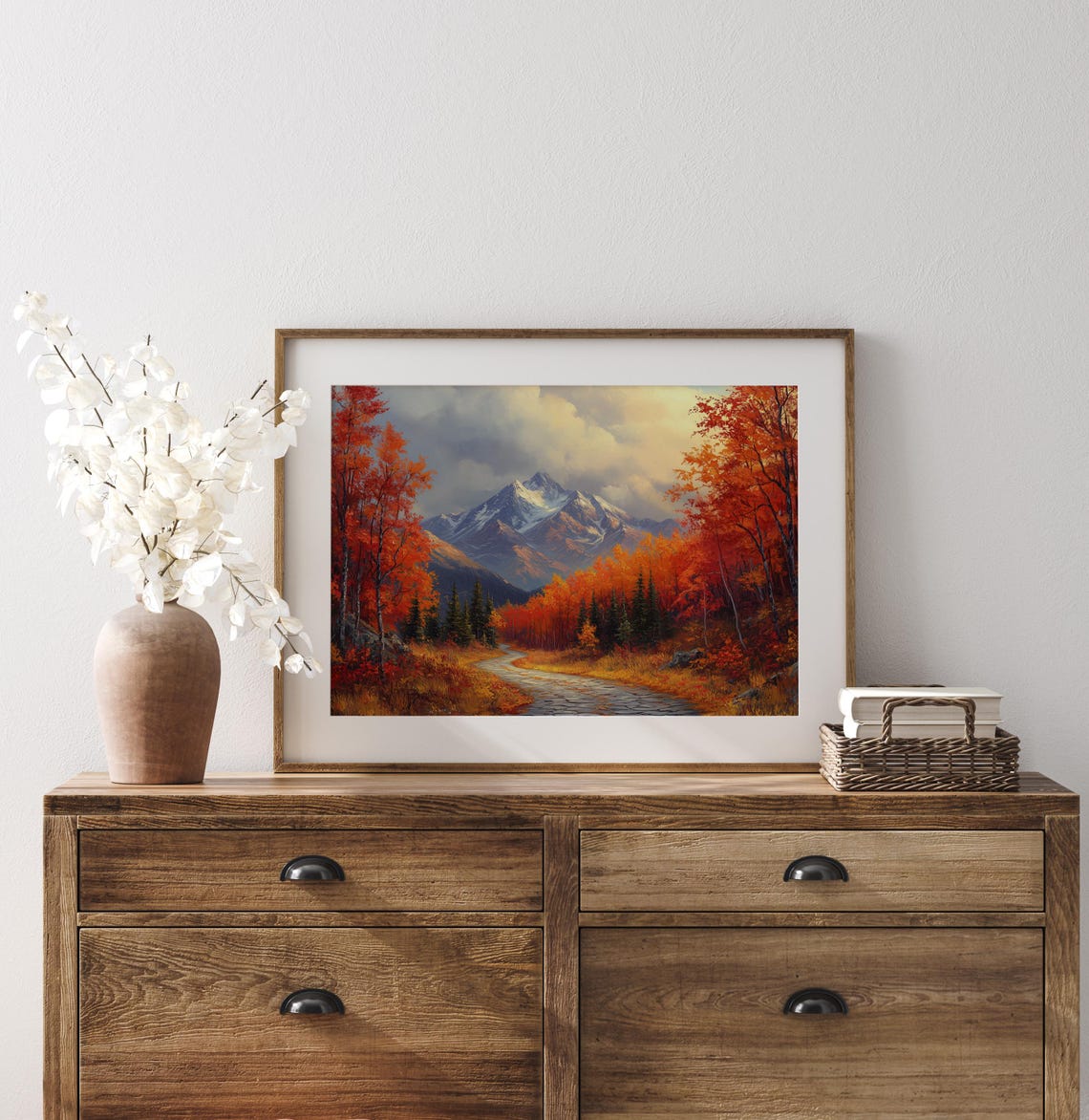 Cobblestone Path Autumn Forest Mountain Peak Oil Painting Poster - Image 3
