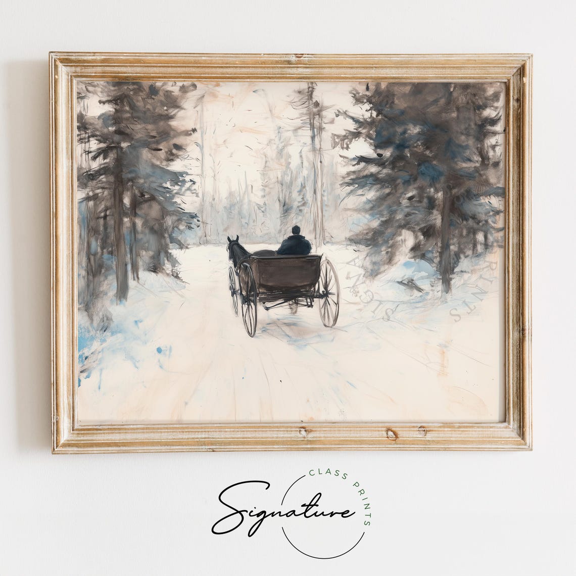 Horse Drawn Wagon In Snowy Woods Soft Watercolor Winter Scene Poster