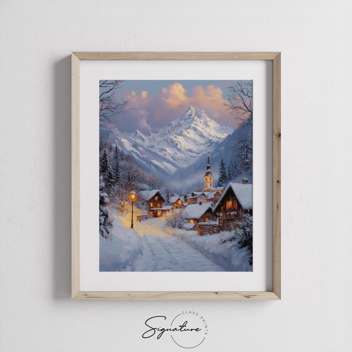 Snowy Alpine Village at Dusk with Church Spire Mountain Poster - Image 2