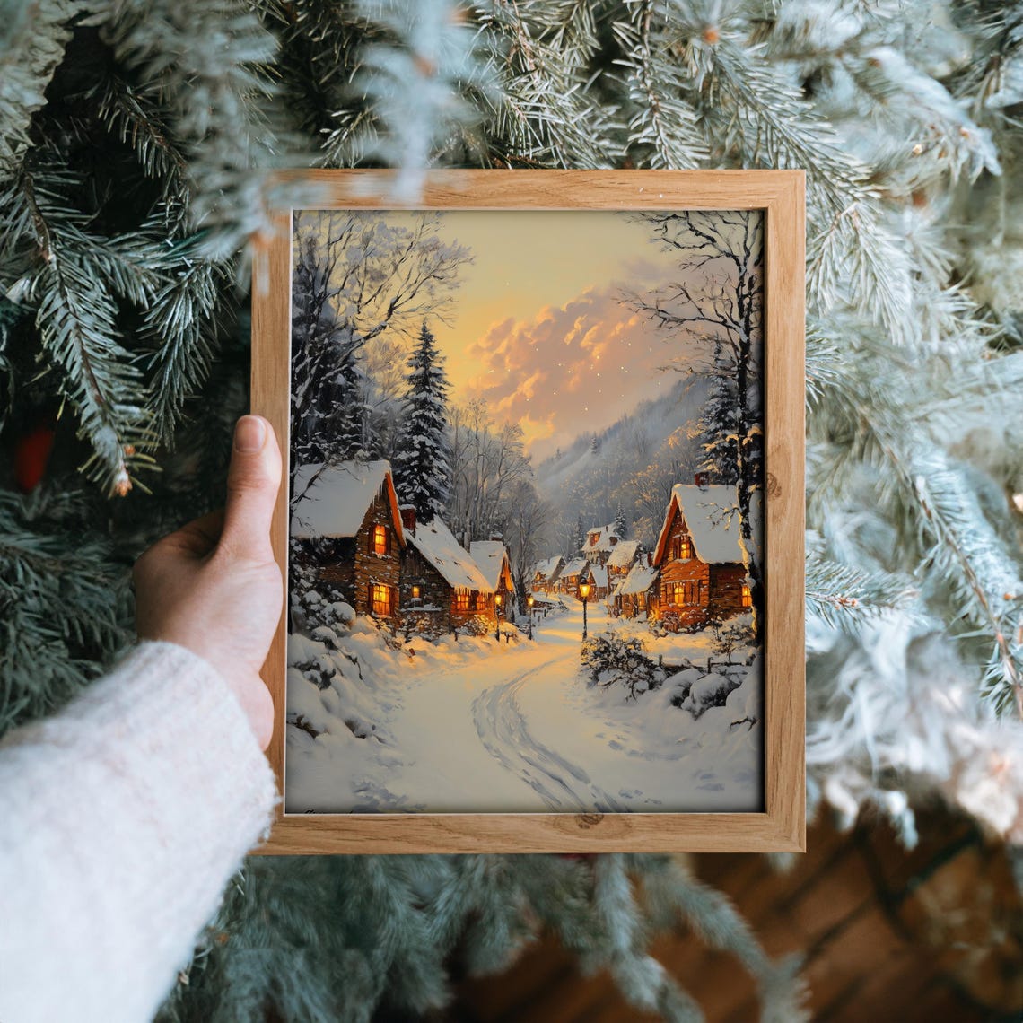 Snowy Village Square At Sunset With Warm Cabin Lights Winter Poster - Image 6