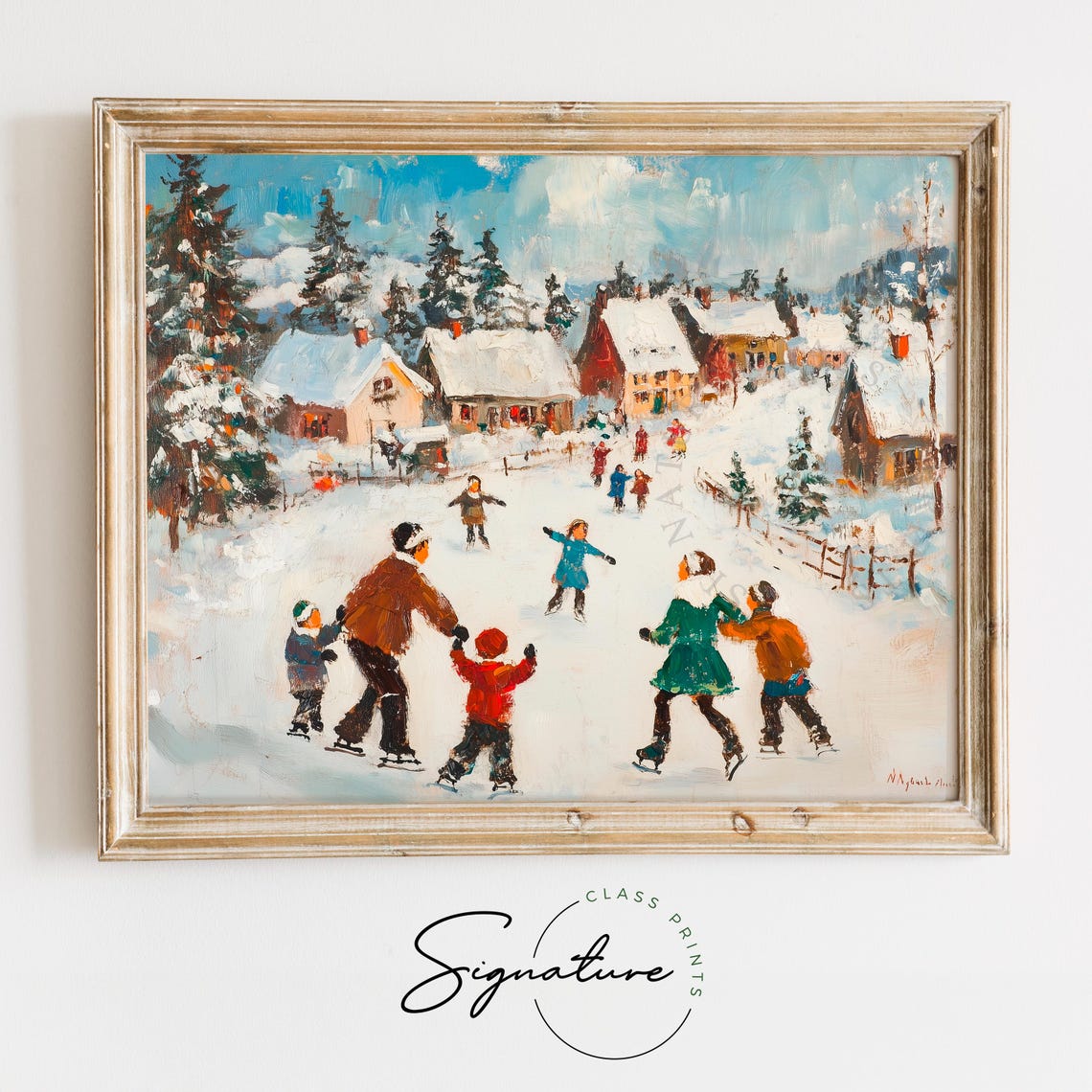 Families Ice Skating In A Snowy Village Square In Winter Poster