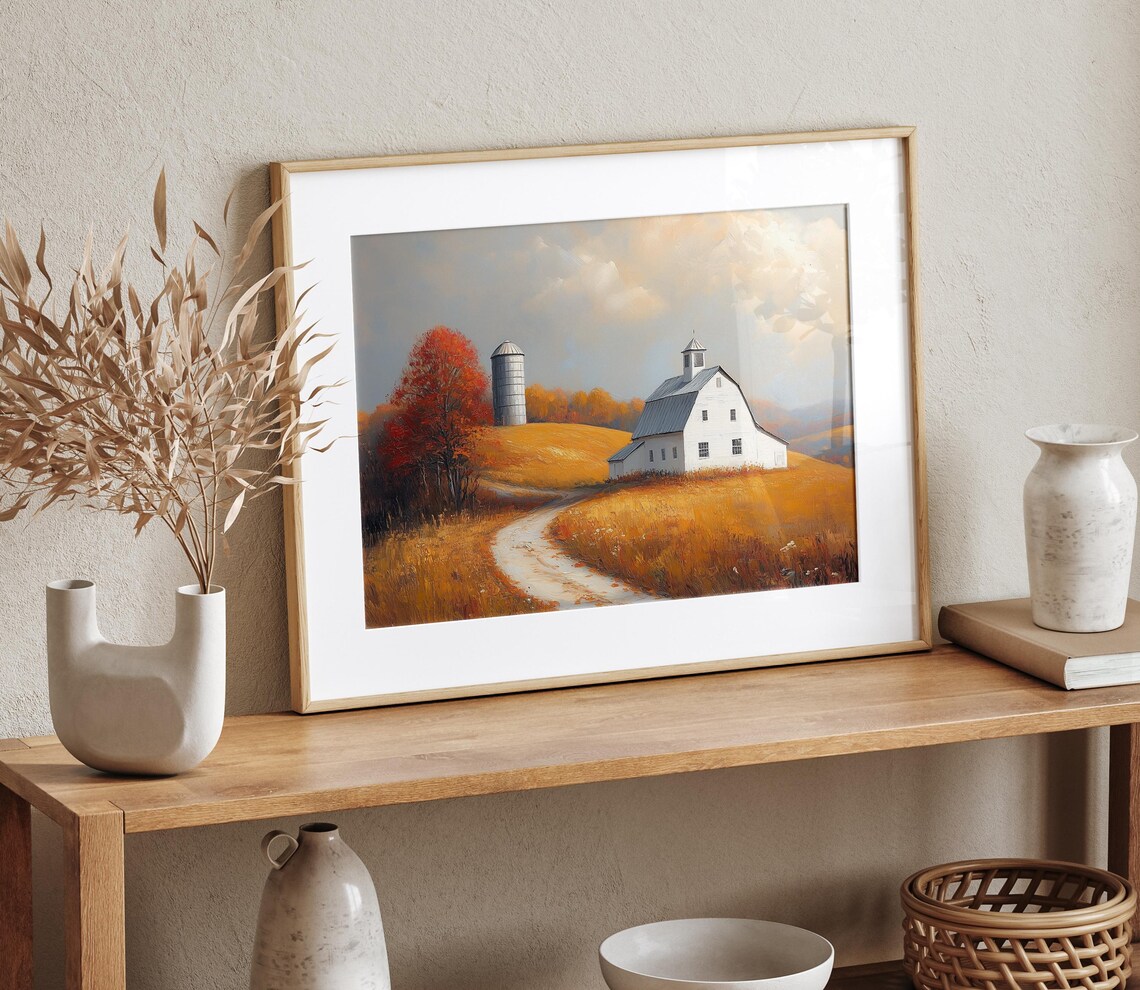White Barn And Gray Silo On Golden Hill Winding Country Path Poster - Image 4