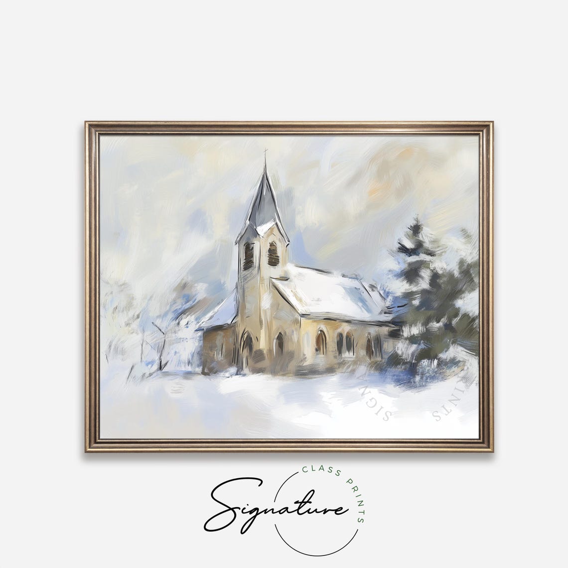 Old Stone Church In Winter Snow Soft Impressionist Painting Poster - Image 4