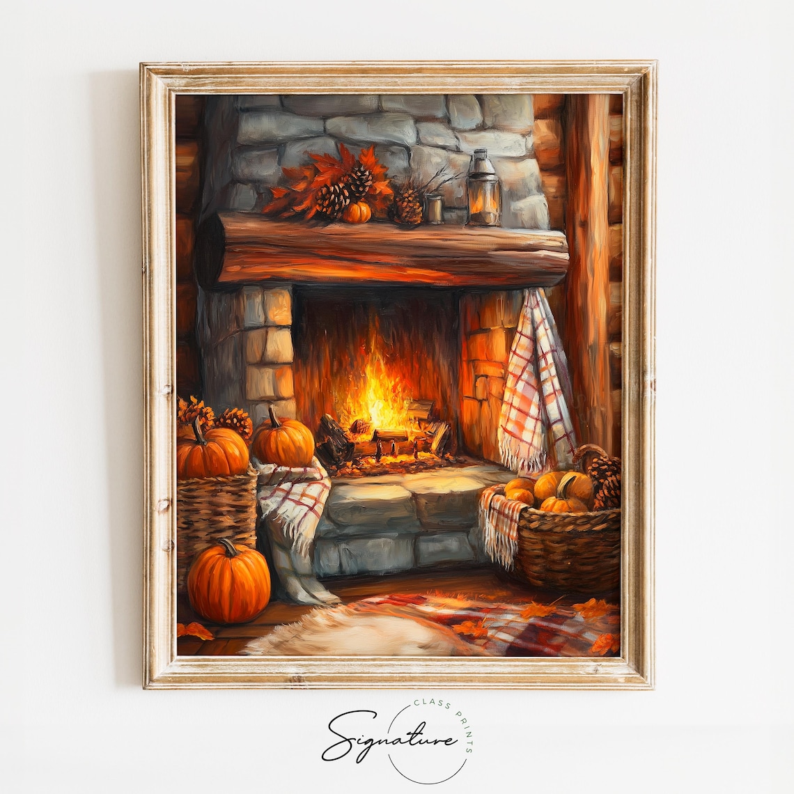 Rustic Stone Fireplace with Pumpkins Baskets and Cozy Fall Decor Poster